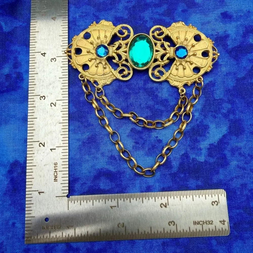 Vintage Victorian Revival Festoon Brooch Blue Rhinestone Gold Tone Chatelaine